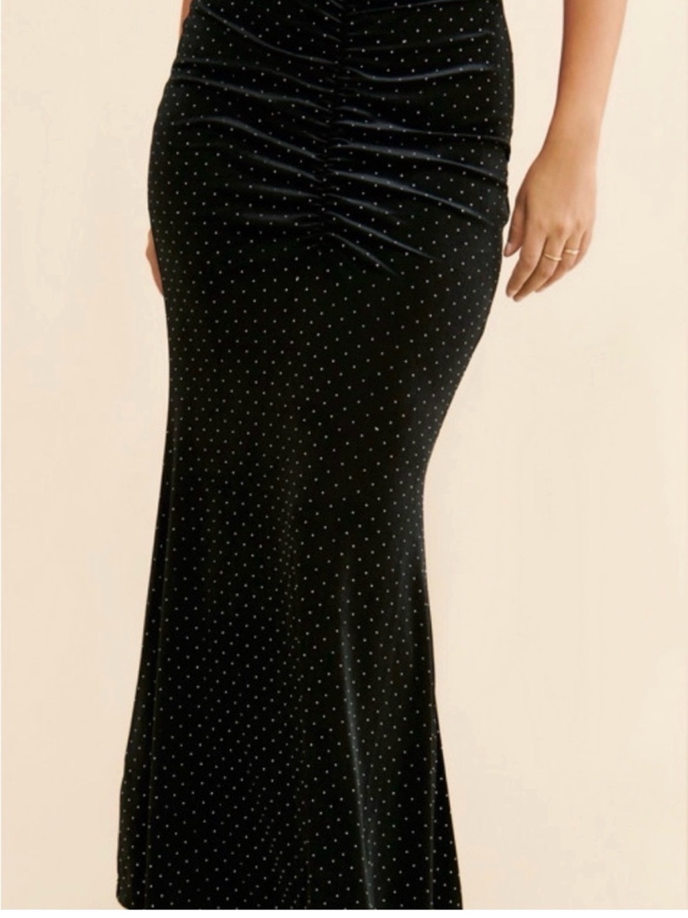 Black Velvet Maxi Skirt with Ruched Waist and Sparkle Dots